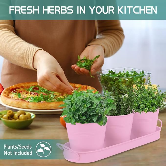 Indoor Herb Garden Set of 3 with Tray and 3 Types of Gardening Tools, Metal Plant Pots Herb Garden Planter Kit with Drainage for Plants (Pink)