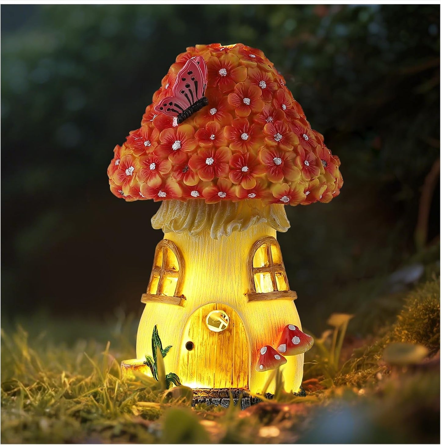Fairy Garden House Mushroom with Solar LED Light - Resin Fairy Garden Accessories, Waterproof Outdoor Light Statue Tiny House, Perfect for Lawn, Balcony, Yard Decor, 7" H