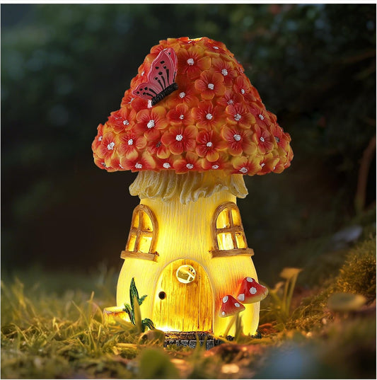 Fairy Garden House Mushroom with Solar LED Light - Resin Fairy Garden Accessories, Waterproof Outdoor Light Statue Tiny House, Perfect for Lawn, Balcony, Yard Decor, 7" H