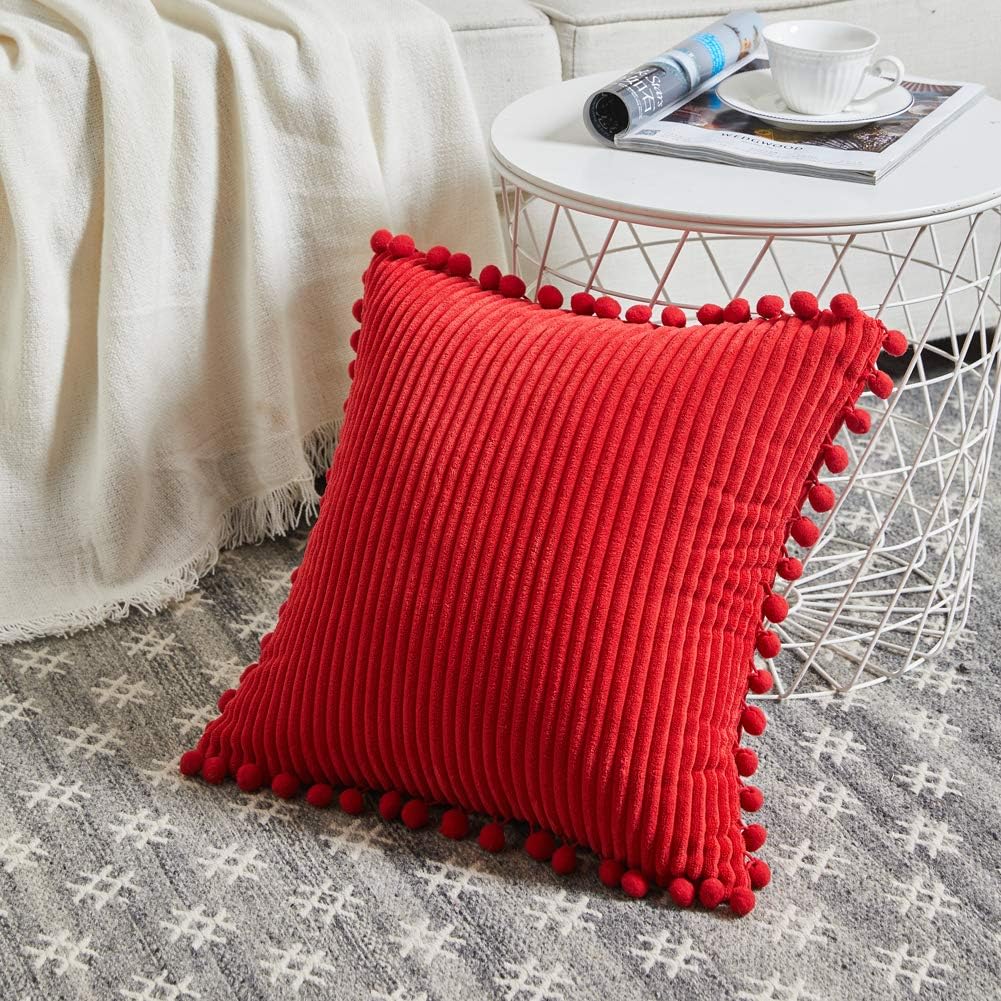 Fancy Homi Pack of 2 Red Decorative Throw Pillow Covers with Pom-poms 18 x18, Soft Corduroy Solid Square Cushion Cases Set for Couch Sofa Bedroom Car Living Room (18x18 Inch/45x45 cm, Red)