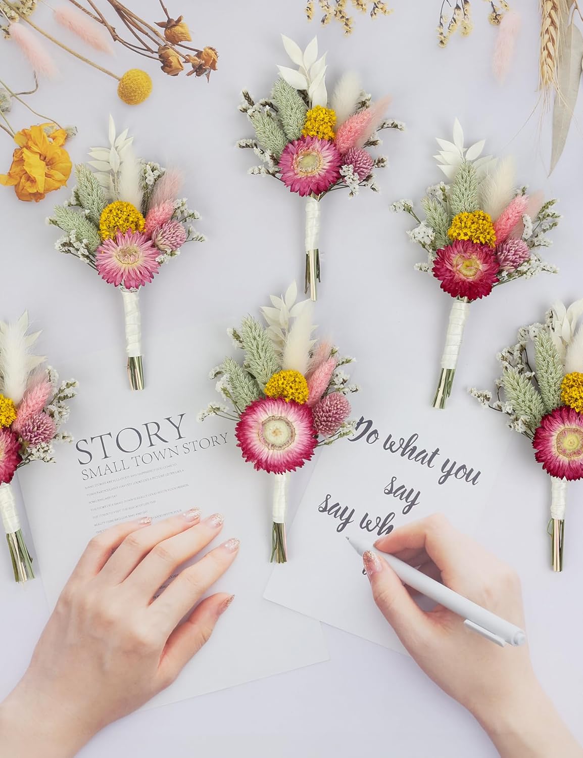 Mini Dried Flower Bouquet (Set of 6) for Handmade Craft Decorations and Boutonnieres for Groomsmen and Groomsmen. (Burgundy)