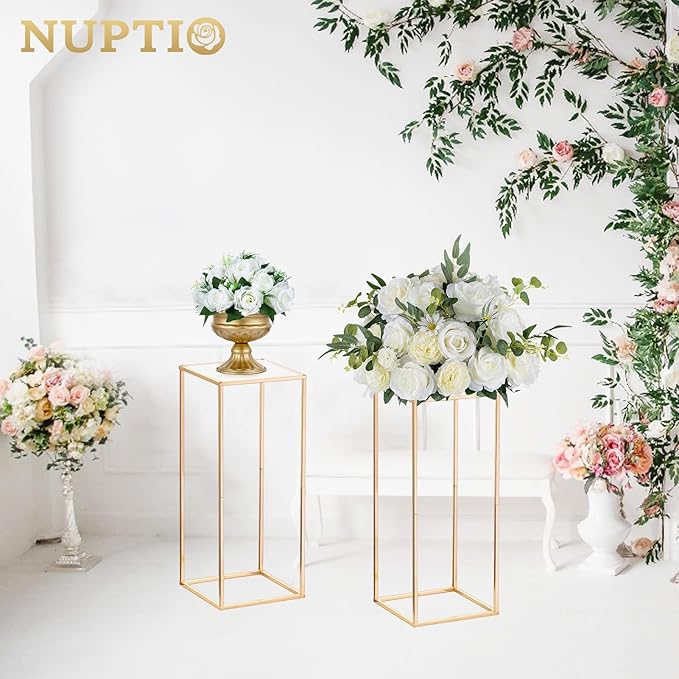 Nuptio Wedding Centerpieces Gold Vases: 2 Pcs 23⅝ inch Tall Flower Stand Metal Floor Vase Column Geometric Centerpiece Stands Rectangular Display Rack for Weddings Party Decoration