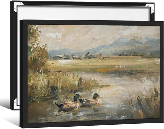 Mallard Duck Pond Poster Animal Farmhouse Canvas Wall Art Vintage Duck Painting Oil Painting 08x10 inch Black Framed Bird Hunter Gift for Rustic Cabin Nursery Wall Decor