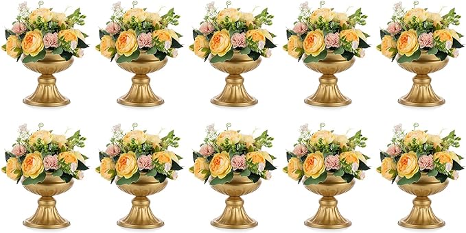 Nuptio Gold Vases for Centerpieces - 10 Pcs, 6.5in Height Metal Urn Planter Elegant Wedding Centerpieces for Tables - Trumpet Vase for Weddings and Party Decoration