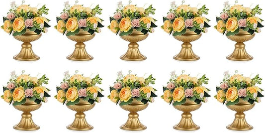Nuptio Gold Vases for Centerpieces - 10 Pcs, 6.5in Height Metal Urn Planter Elegant Wedding Centerpieces for Tables - Trumpet Vase for Weddings and Party Decoration