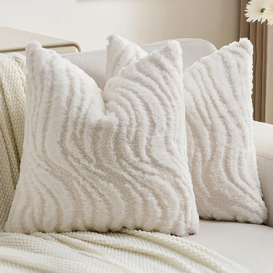 FUTEI White Decorative Throw Pillow Covers 18x18 Inch Set of 2,Soft Faux Fur Geometric Shapes Texture Cushion Case,Boho Home Decor for Couch Bed Living Room