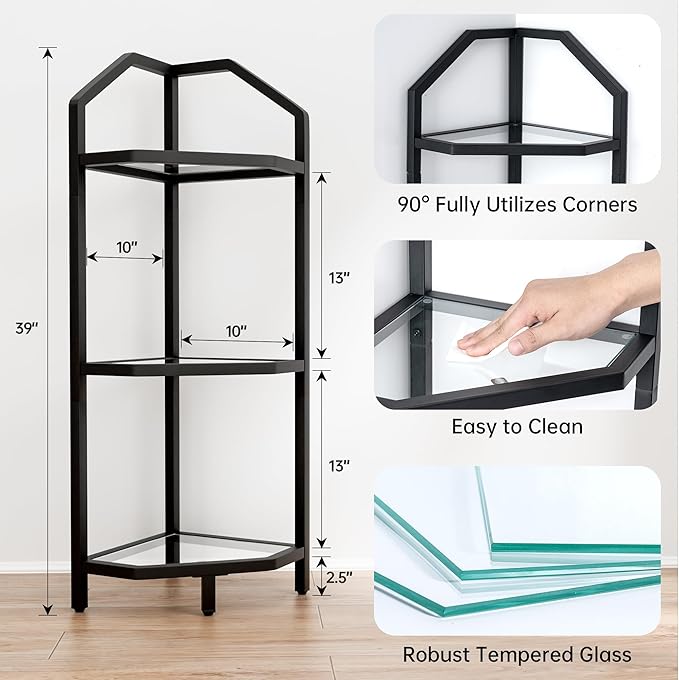 3-Tier Corner Shelf Stand, Black Corner Bookshelf, Bathroom Storage Rack Shelf, Plant Rack, Tempered Glass, Steel Frame, Modern Style for Living Room, Bathroom, Kitchen, Metallic Black