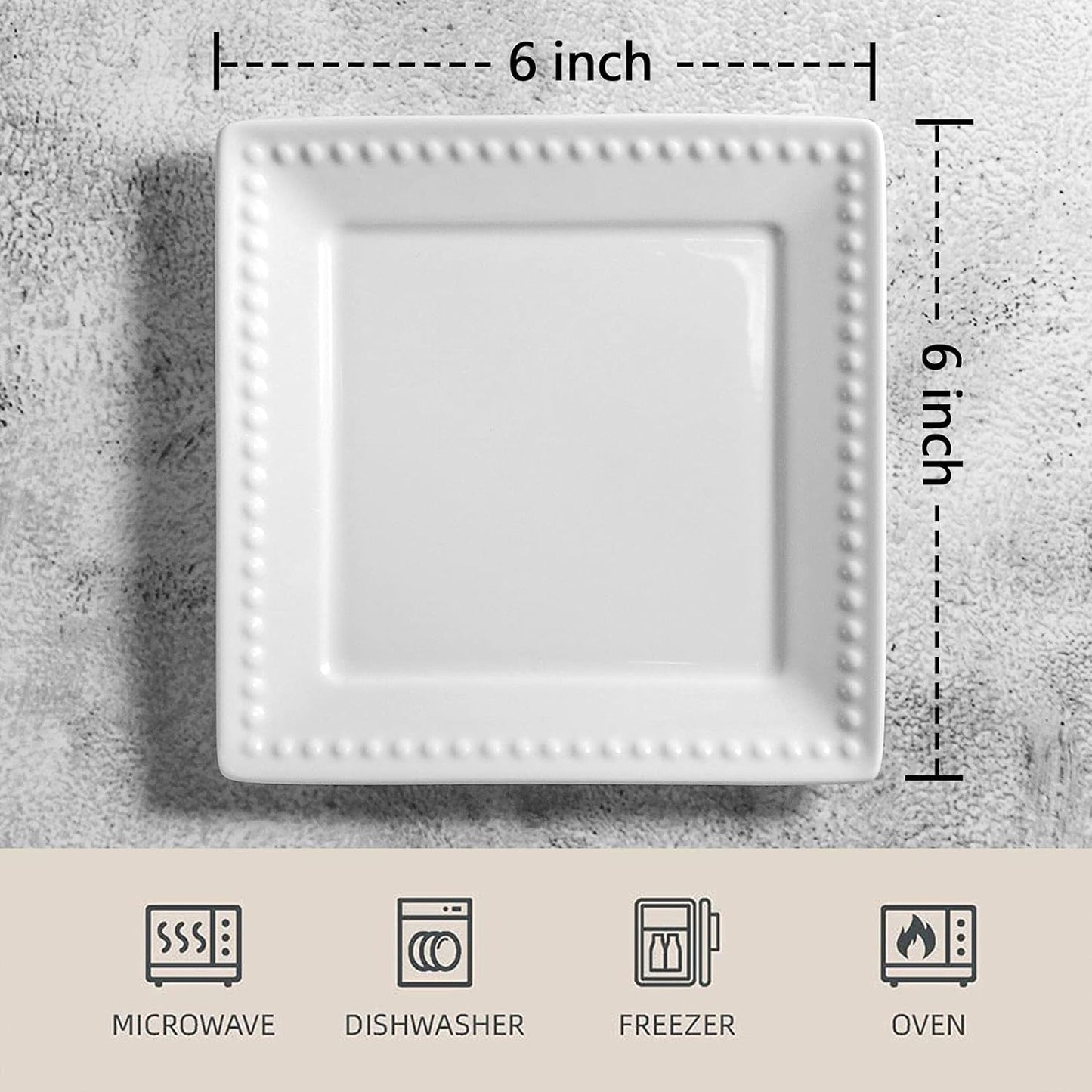 Embossed Ceramic Appetizer & Dessert Plates - Set of 6, 6 inch White Square Dinner Plates for Snack & Restaurant, Dishwasher & Microwave Safe