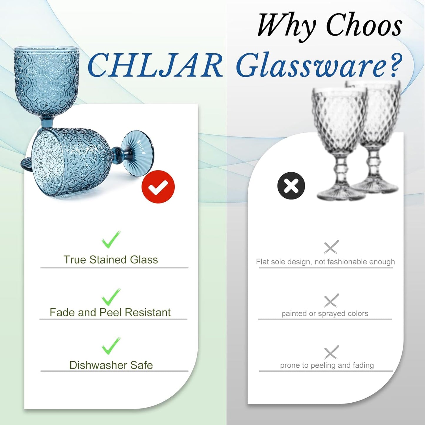 Colored Wine Glass Goblet Set of 6, 14 oz Blue Goblets Glassware, Blue Vintage Glassware for Weddings, Parties, Restaurants, Family Gatherings, Bars, Cafeterias, Dishwasher Safe