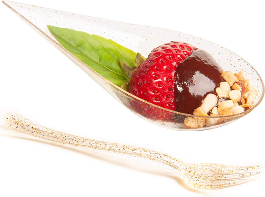DLux 100 4-in Tear Drop Mini Appetizer Plates with Forks, Reusable Gold Glitter Clear Plastic Spoon - Dessert and Appetizers Dishes Serving Plate - Asian Spoon Set, Small Catering Dessert Tasting Cups