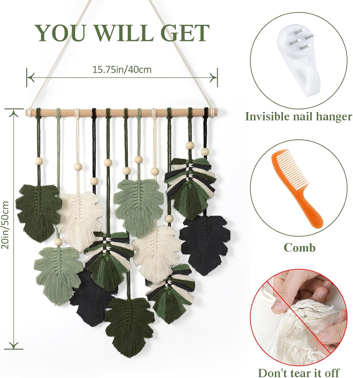 KHOYIME Macrame Wall Hanging Boho Home Decor, Bohemian Leaves Woven Yarn Tapestry Chic Aesthetic Wall Art Modern Handmade Leaf Hanging Decoration for Bedroom Living Room Nursery Office 15.7''W x 20''L