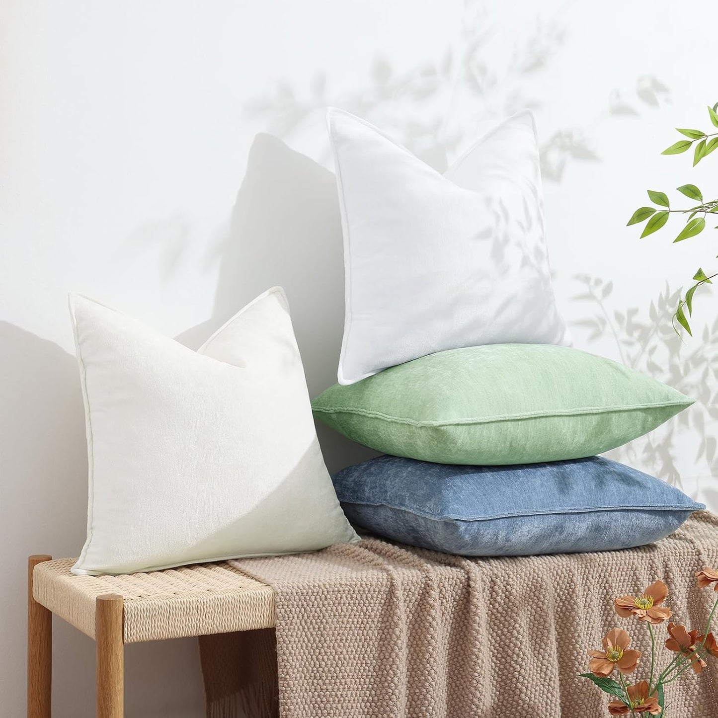 decorUhome Couch Throw Pillow Covers 22x22 Set of 2, Decorative Soft Euro Neutral Chenille Pillow Covers with Elegant Design for Sofa Bed Living Room Home Decor, Blue