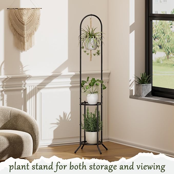 2-tier Hanging Plant Stand Indoor and Outdoor, Space-Saving Iron Plant Shelf, 3 Potted Flower Pot Stand ,Planter Holder for Bedroom Balcony Living Room Patio Garden( n-style)