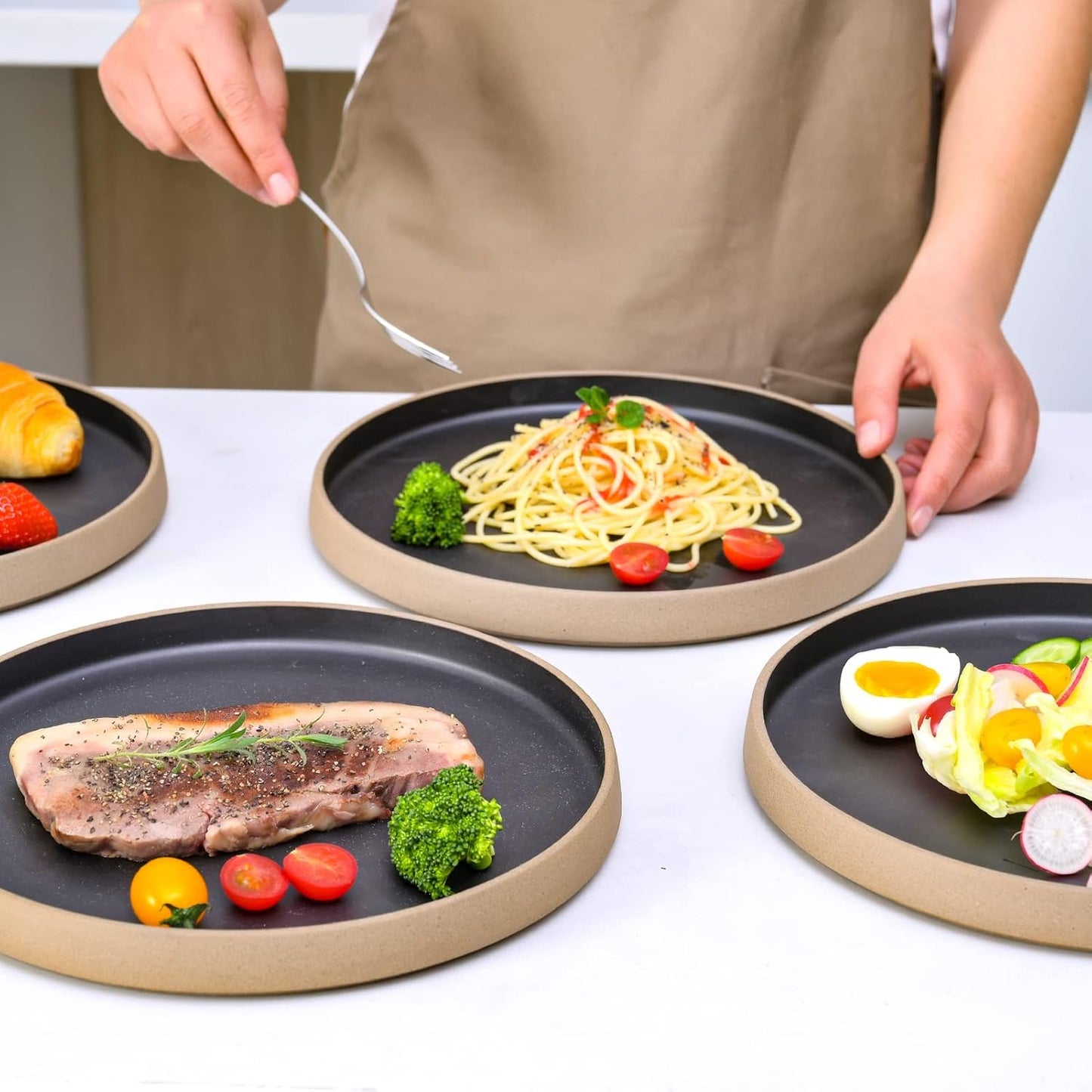 Dinner Ceramic black Plates (set of 4), 10 inch Black Porcelain Plates, Steak dinner plate, Kitchen Porcelain Serving Dishes for Salad, Pasta, Dessert, Microwave, and Dishwasher Safe