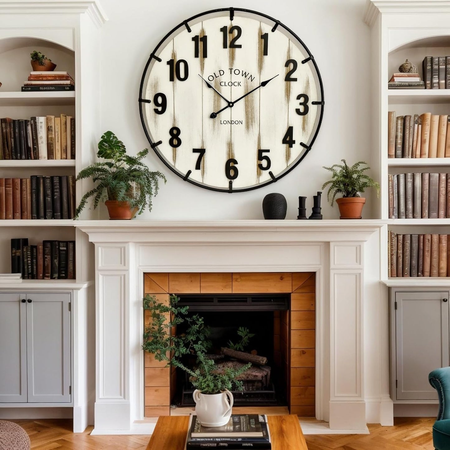 Farmhouse White 30 Inch Wooden Large Wall Clock, Silent Non-Ticking Quartz Movement, Battery Operated Modern Rustic Clock for Living Room, Kitchen, Office, Home Decor
