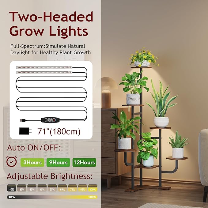 Corner Plant Stand with Grow Light - 6 Tier Plant Stand Indoor Round Metal Plant Shelf with Adjustable Light, Plant Organizer for Living Room, Graden, Home Decor (Brown)