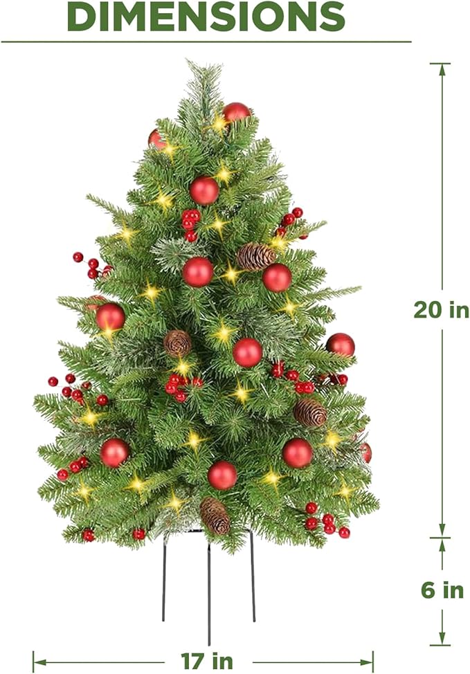 20'' Mini Artificial Christmas Tree with LED Lights Faux Pine Cones and Berrys Pre-lit Christmas Trees Christmas Urn Filler Small Xmas Trees for Outdoor Pathway Porch Yard - Set of 2