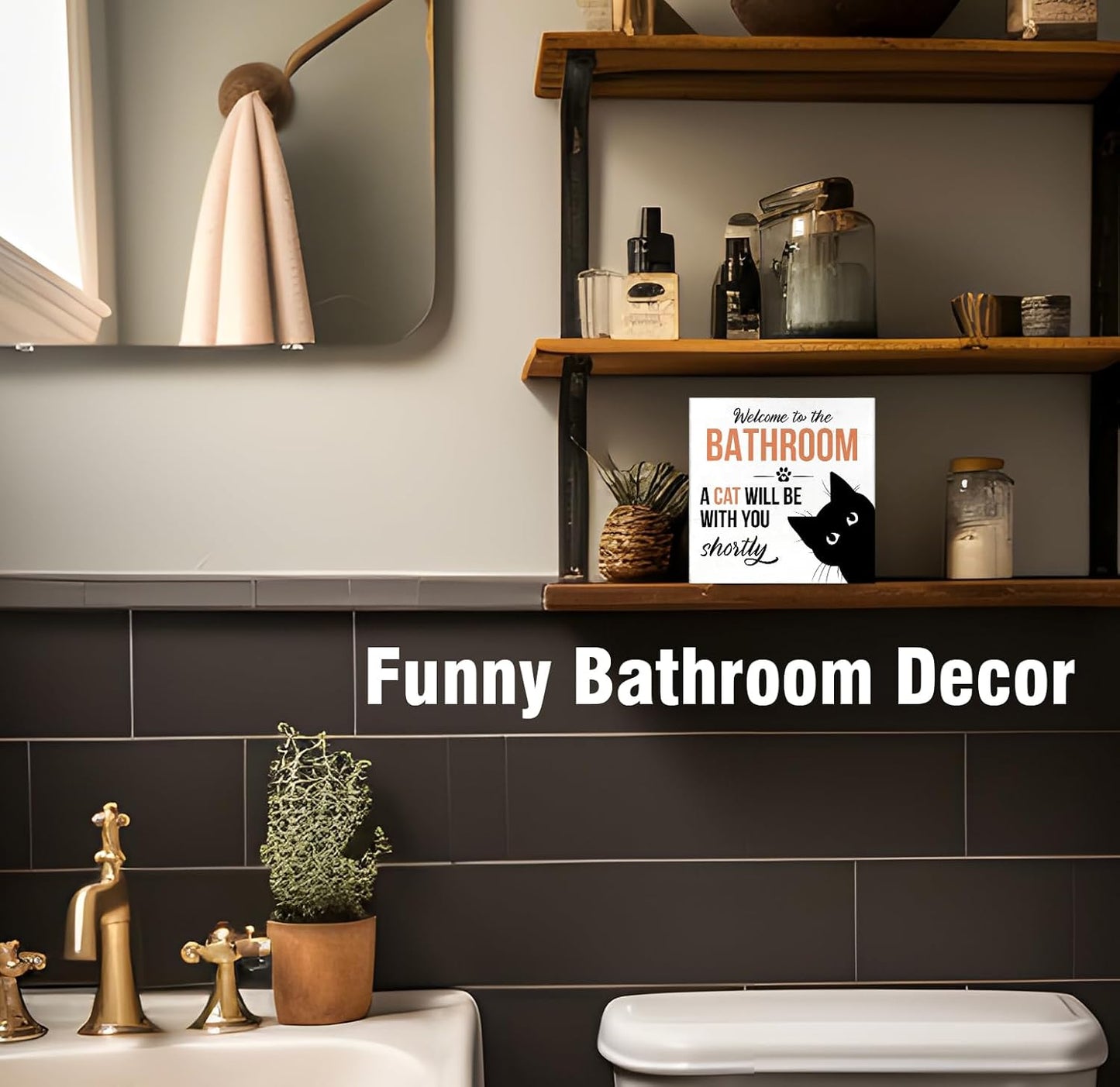 Funny Bathroom Black Cat Wall Desk Decor Wood Sign, Cute Cat Bathroom Decor Welcome Sign for Home Bath Rest Room Toilet, Gifts for Women Cats Lover, 5x5 inch