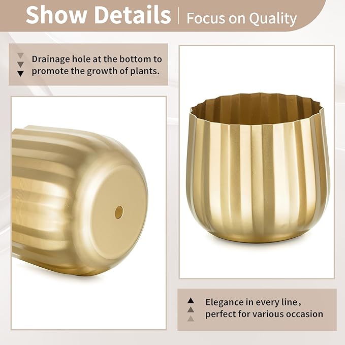 Gold Vases Compote Centerpiece Planter: 4" Ribbed Metal Vase Small Compote Bowl Planter Pot with Drainage Hole for Wedding Table Centerpiece Indoor Plants Set of 2