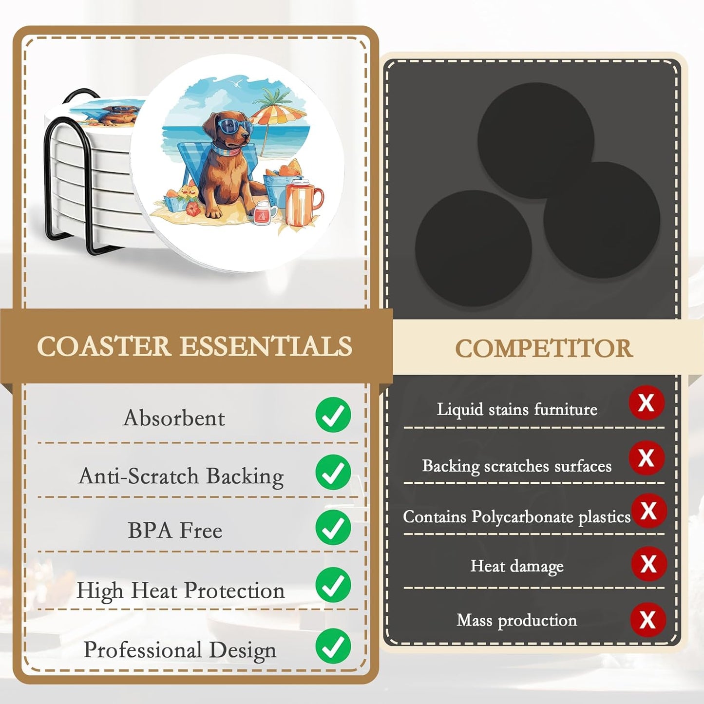 Drink Coasters with Holder,6 Pcs Dog Beach Absorbent Ceramic Drink Pads, Non-Slip Table Protectors for Coffee & Glasses