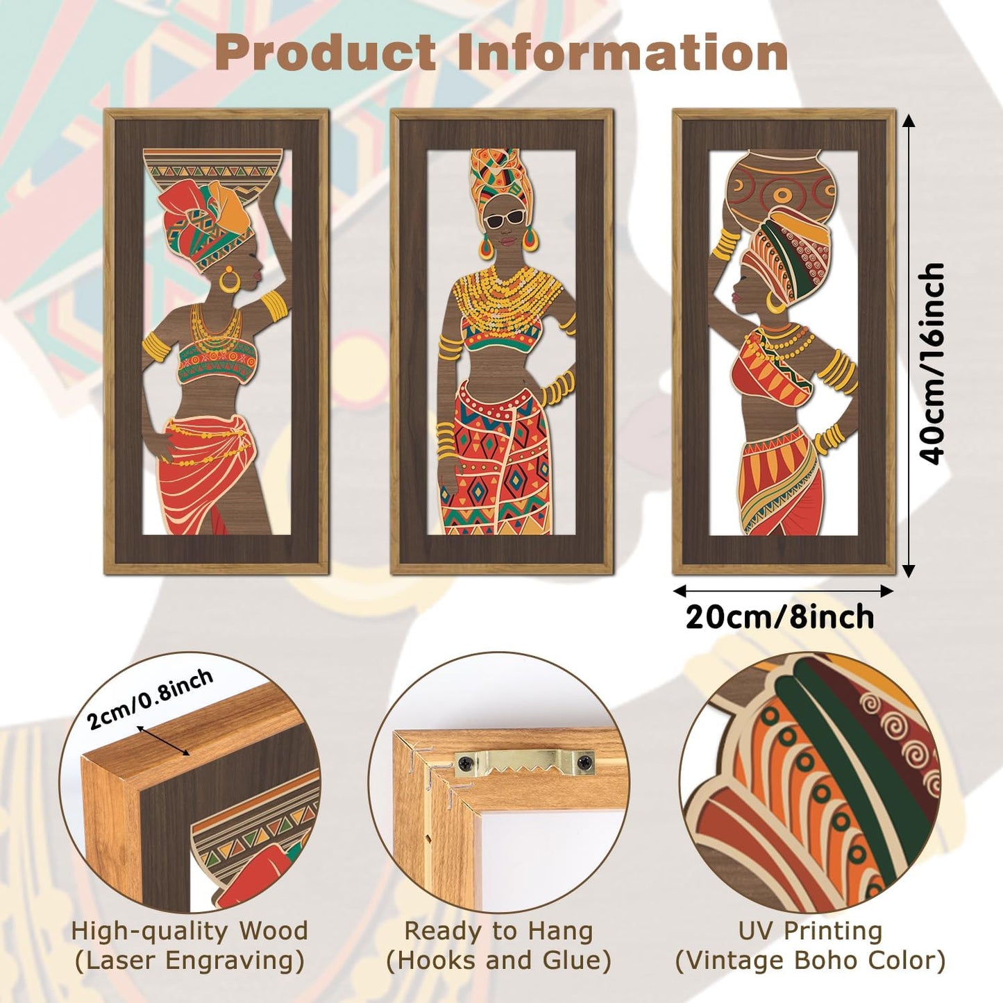 KAIRNE Abstract African American Wall Art,Black People Wooden Wall Art,Set of 3(8”X16”),Black Women Wood Hanging Decor,Traditional African Tribe Artwork for Living Room Kitchen Bedroom Decor,Framed