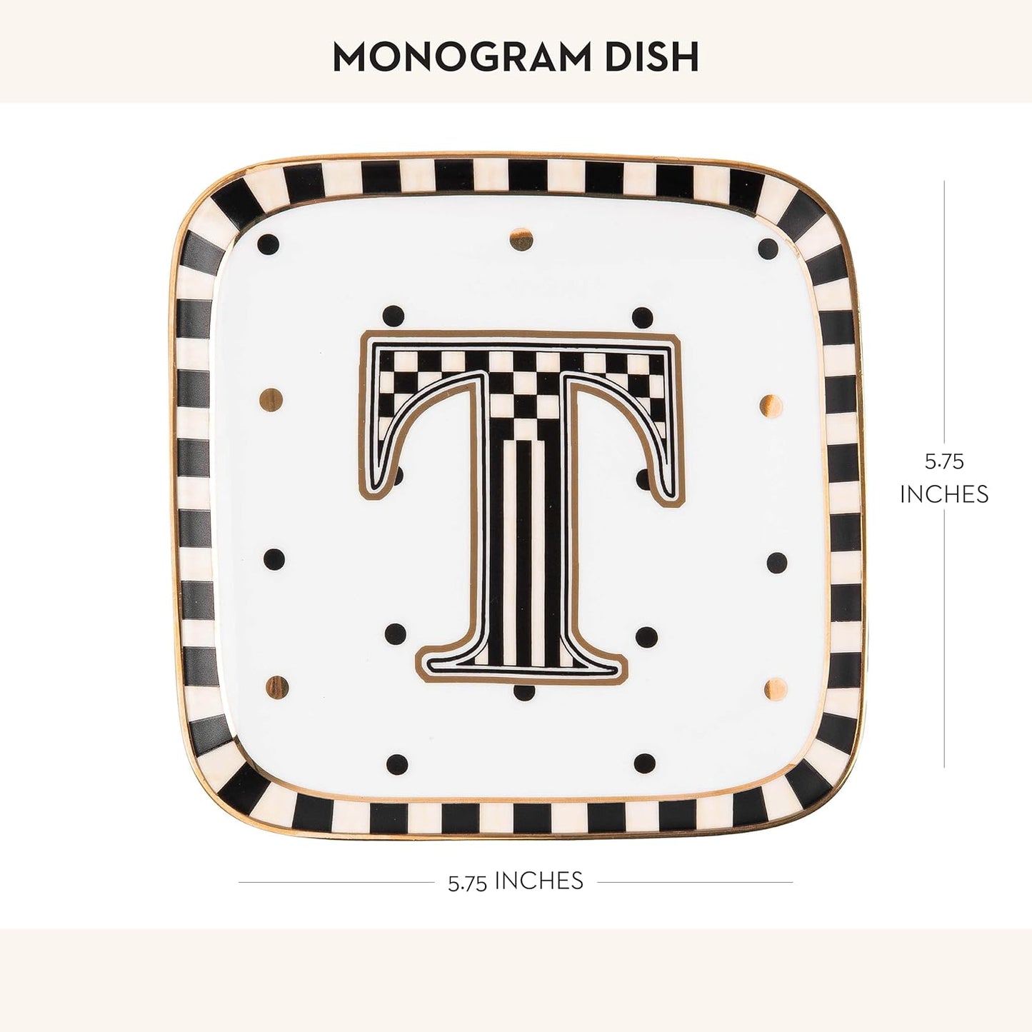 MACKENZIE-CHILDS Monogram Dish, Decorative Ceramic Letter Plate, 5 3/4" Square, T