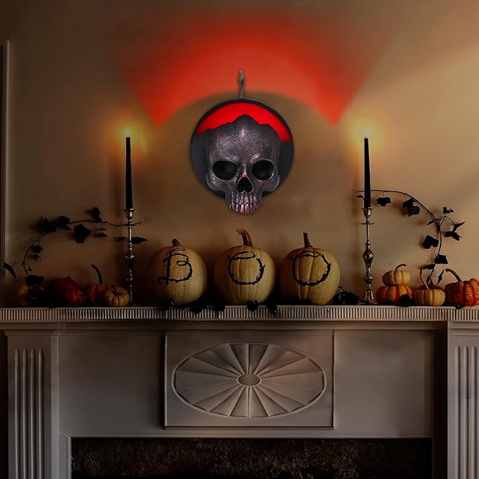 WONDER GARDEN 7.68 inch Halloween Skull Hanging Wall Decorations Light up Resin Red Gothic Skeleton Halloween Creepy Sculptures Sign for Indoor Outdoor Office Horror Home Wall Door Decor