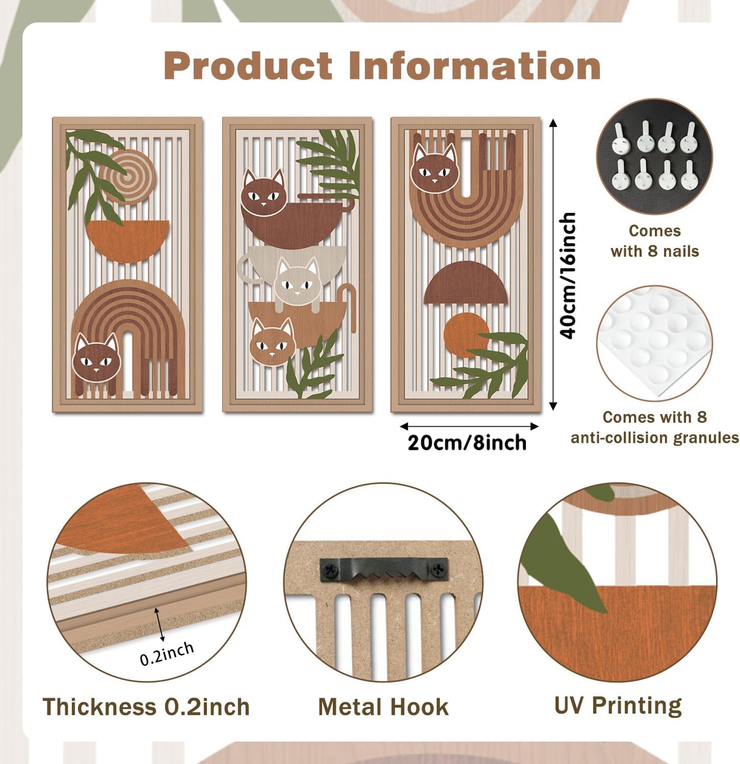 IARTTOP 3 Pcs Boho Cat Wood Wall Decor Mid Century Abstract Artwork Modern Minimalist Wooden Wall Art Bohemian Geometric Hanging Decor for Farmhouse Living Room Bedroom 7.9 x15.8 Inch Cat Gifts