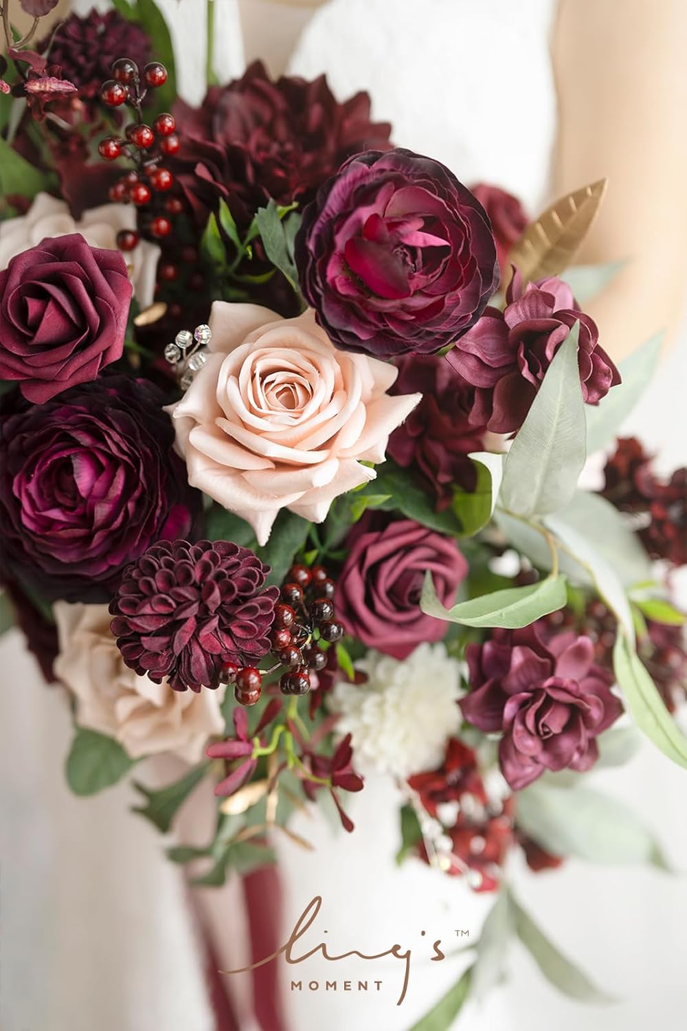 Ling's moment Red Wedding Bouquets for Bride, Burgundy and Blush Bridal Bouquets for Bride,17 Inch Free Form Artificial Wedding Flower Bouquet