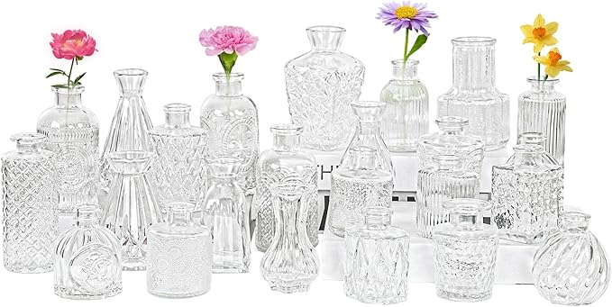 24Pcs Glass Bud Vase Set,Small Flower Vase for Tables Centerpieces Decor, Mini Vintage Clear Vase for Home,Wedding,Party Decorations（24 Pcs，Clear）
