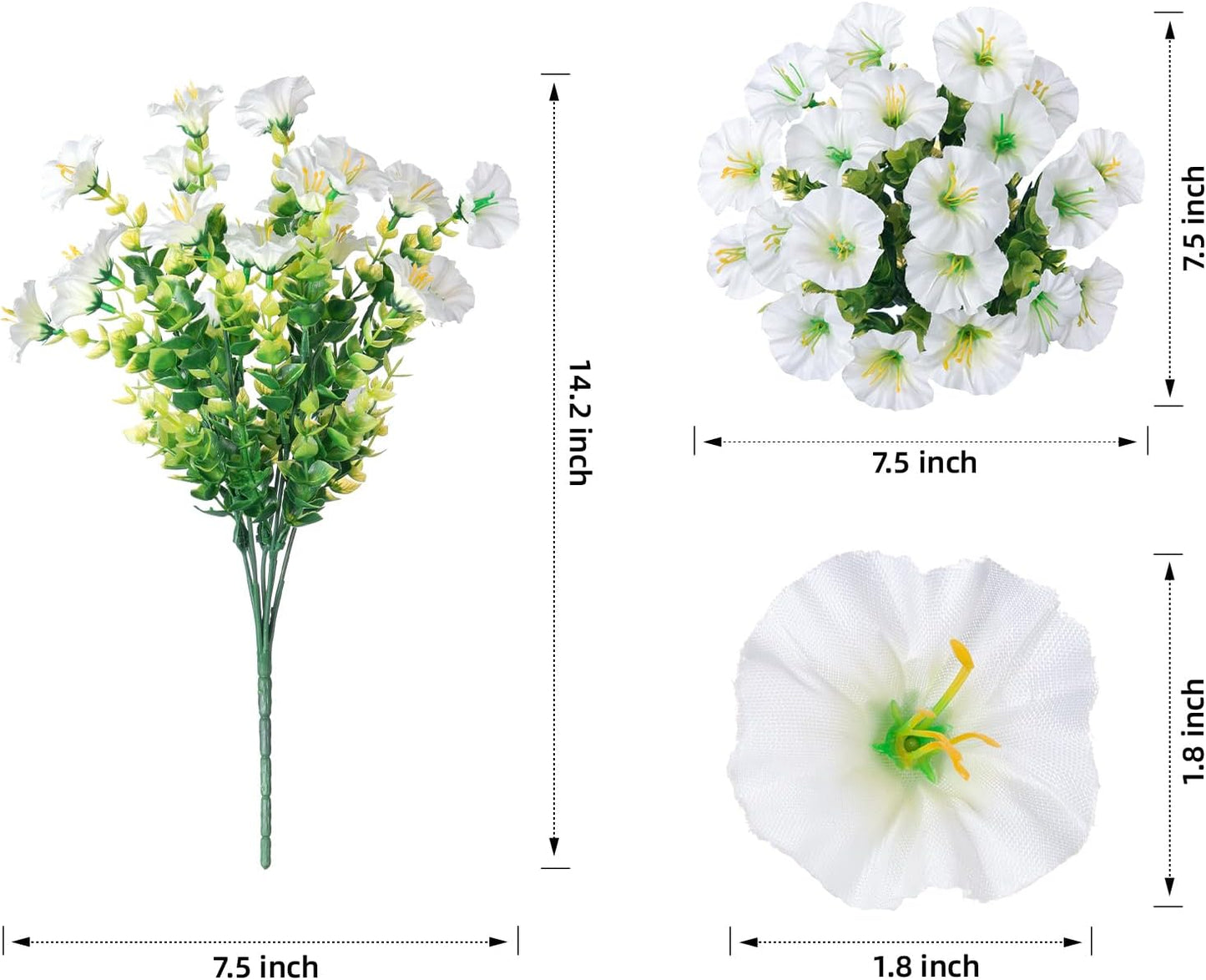 HyeFlora Artificial Flowers for Outdoors Fake Plants Outside Decoration, 12 Bundles Silk White Morning Glory UV Resistant Look Real Faux Flowers for Planter Front Door Porch Patio Yard Gardens Balcony