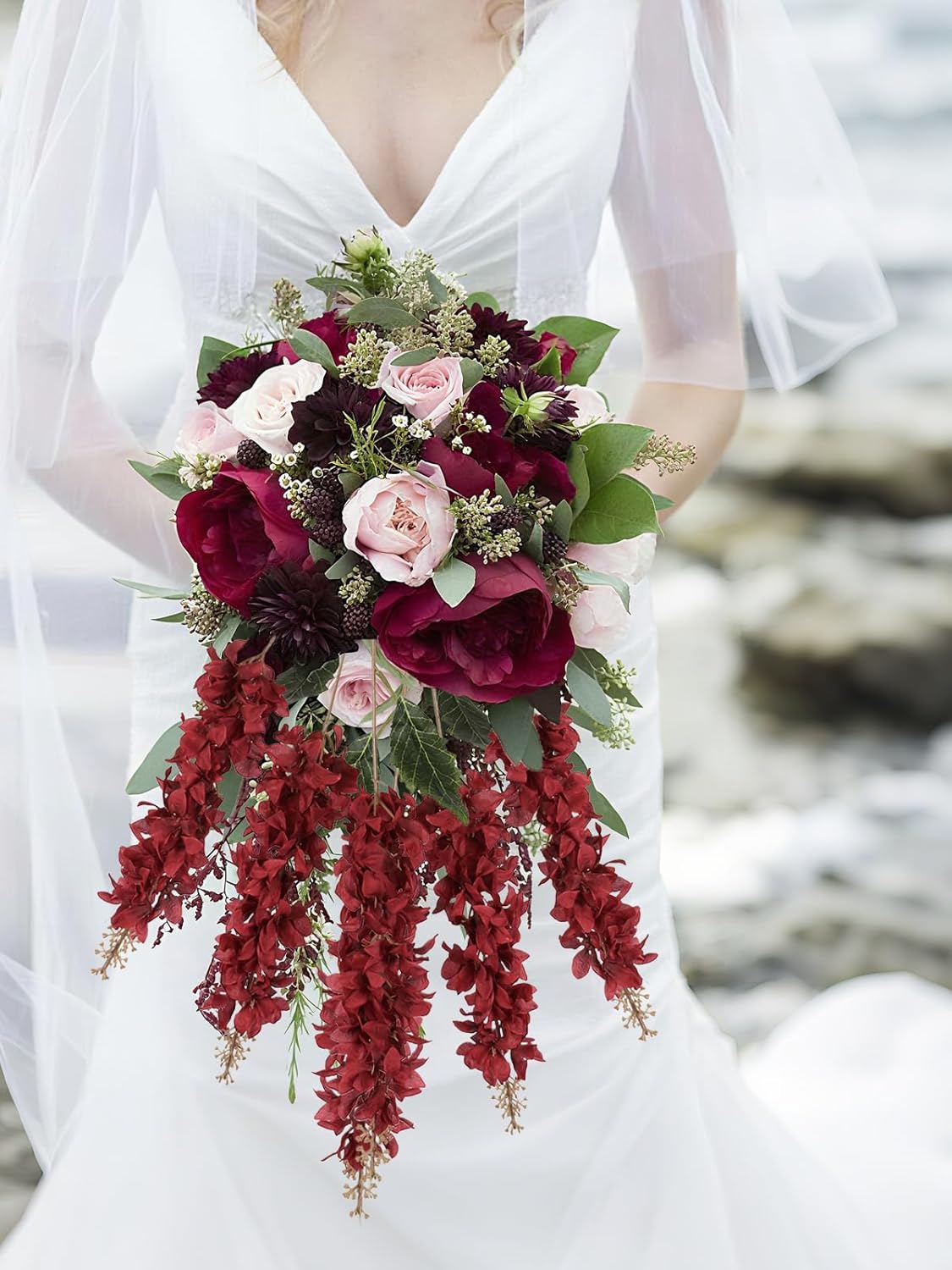 IPOPU Burgundy Hyacinth Artificial Flower 5PCS Silk Delphinium Flowers with Stems 34.2inch Faux Snapdragon Flowers for Home Garden Living Room Office Table Centerpiece Decor(Burgundy)