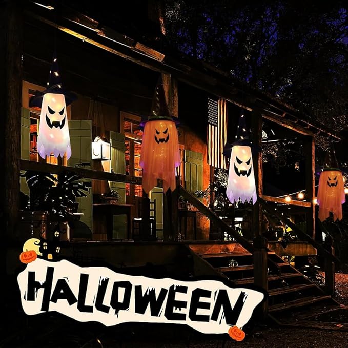 2PCS Hanging Lighted Glowing Ghost Witch Hat - 38 inch Length LED Decorations for Indoor/Outdoor Halloween Party Supplies