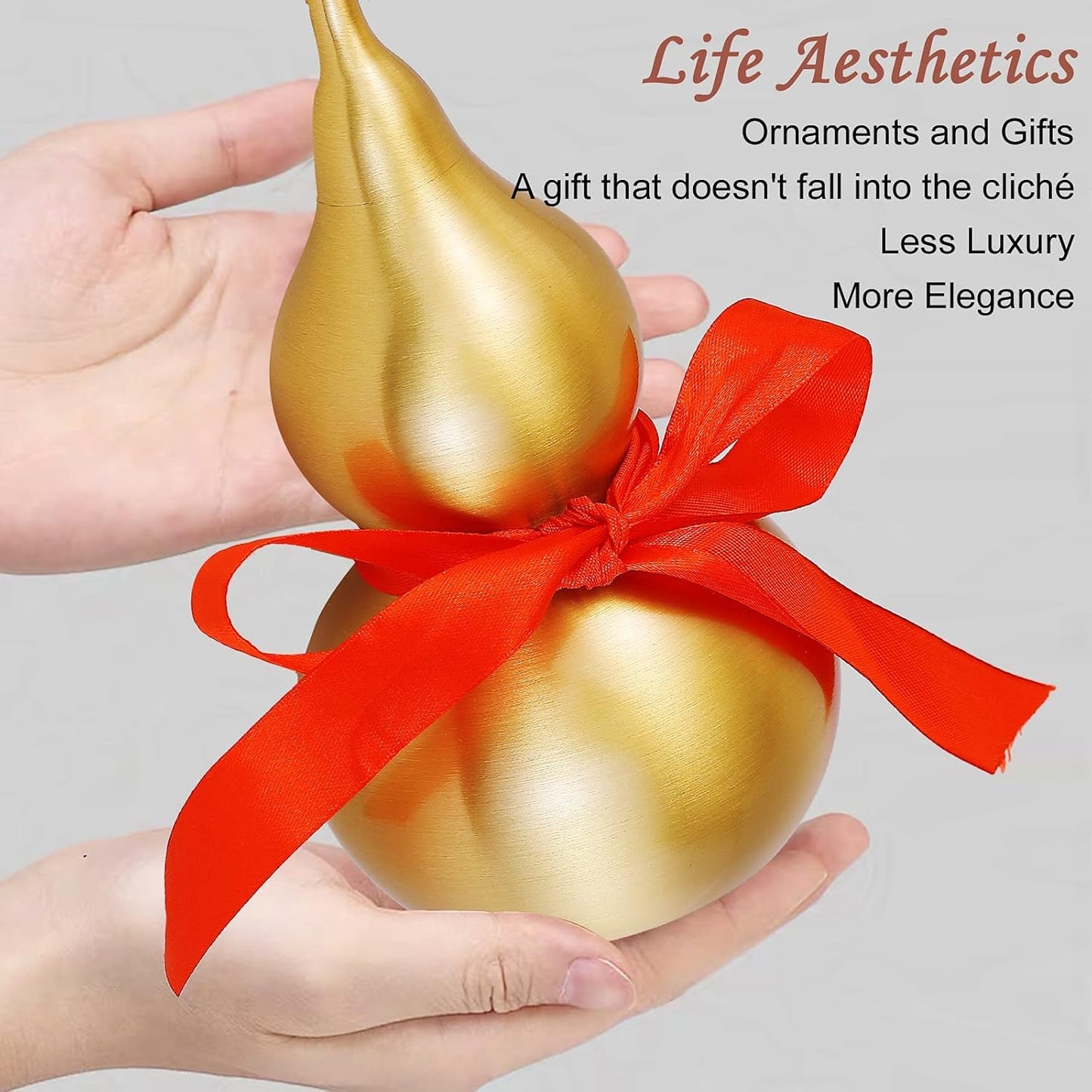 Feng Shui Wu Lou Brass Gourd with Red Luck Strip for Charm Prosperity Home Furnishing Decor, 7.87inch Tall, Full Brass, Fortune Protection, Bring Good Luck, Safty, Healthy, Success