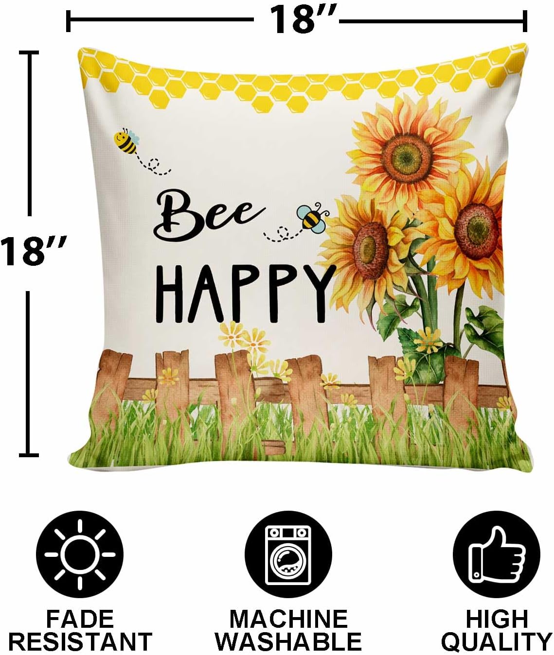Bee Happy Sunflower Throw Pillow Cover,Sweet Honey and Bee Pillow Covers Spring Summer Farmhouse Home Decorative Pillow Case 18x18 Inch