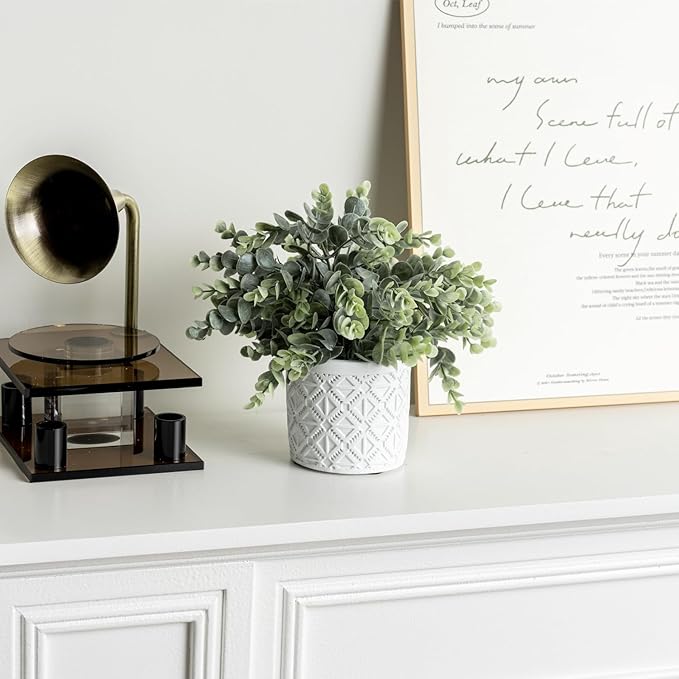 MyGift Artificial Eucalyptus Plant in Modern Gray Concrete Pots with Geometric Embossed Pattern (1, White)