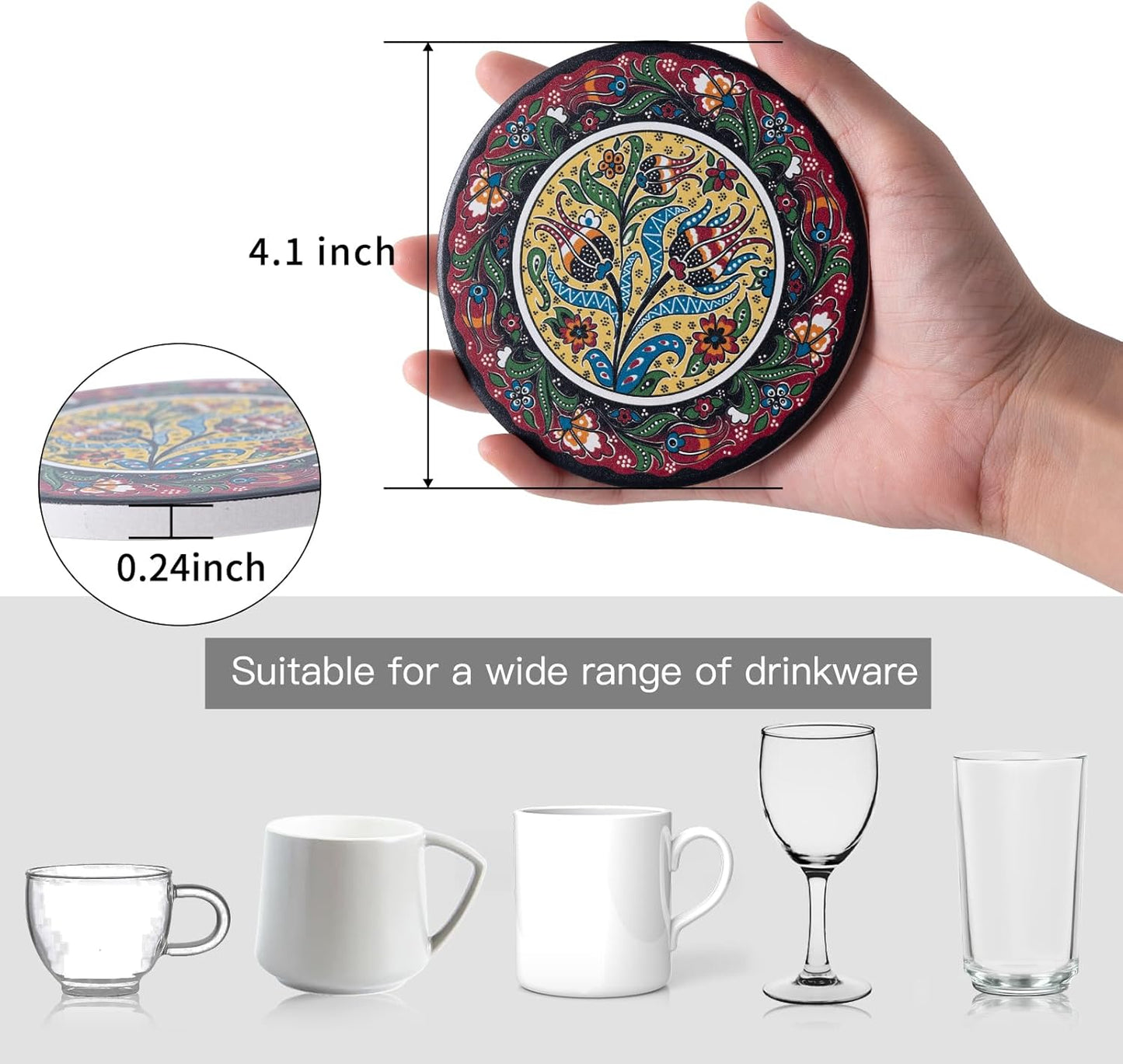 Coasters Absorbent Ceramic Coaster Drink Coasters with Cork Back Turkish Pattern Set of 6 Round Coaster Non Slip for Coffee Table Wine Glass Home Bar 4 Inch, Colorful