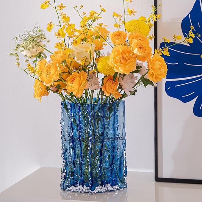 Glass Vase for Centerpieces, Diamond Shaped Vase for Flower, Modern Glacier Glass Vase for Home, Office Restaurant Desk Decor 8.3 Inch(Blue)