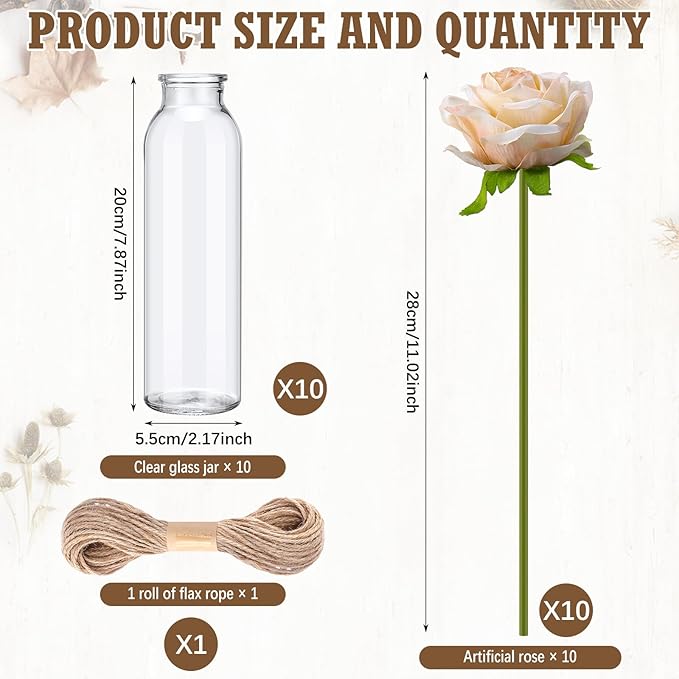 10 Set Dried Pampas Grass Centerpiece for Wedding 10 Clear Glass Jars 10 Artificial Roses 80 Dried Pampas Grass with Rope for Baby Shower Rustic Bridal Party Farmhouse Decoration (Champagne)