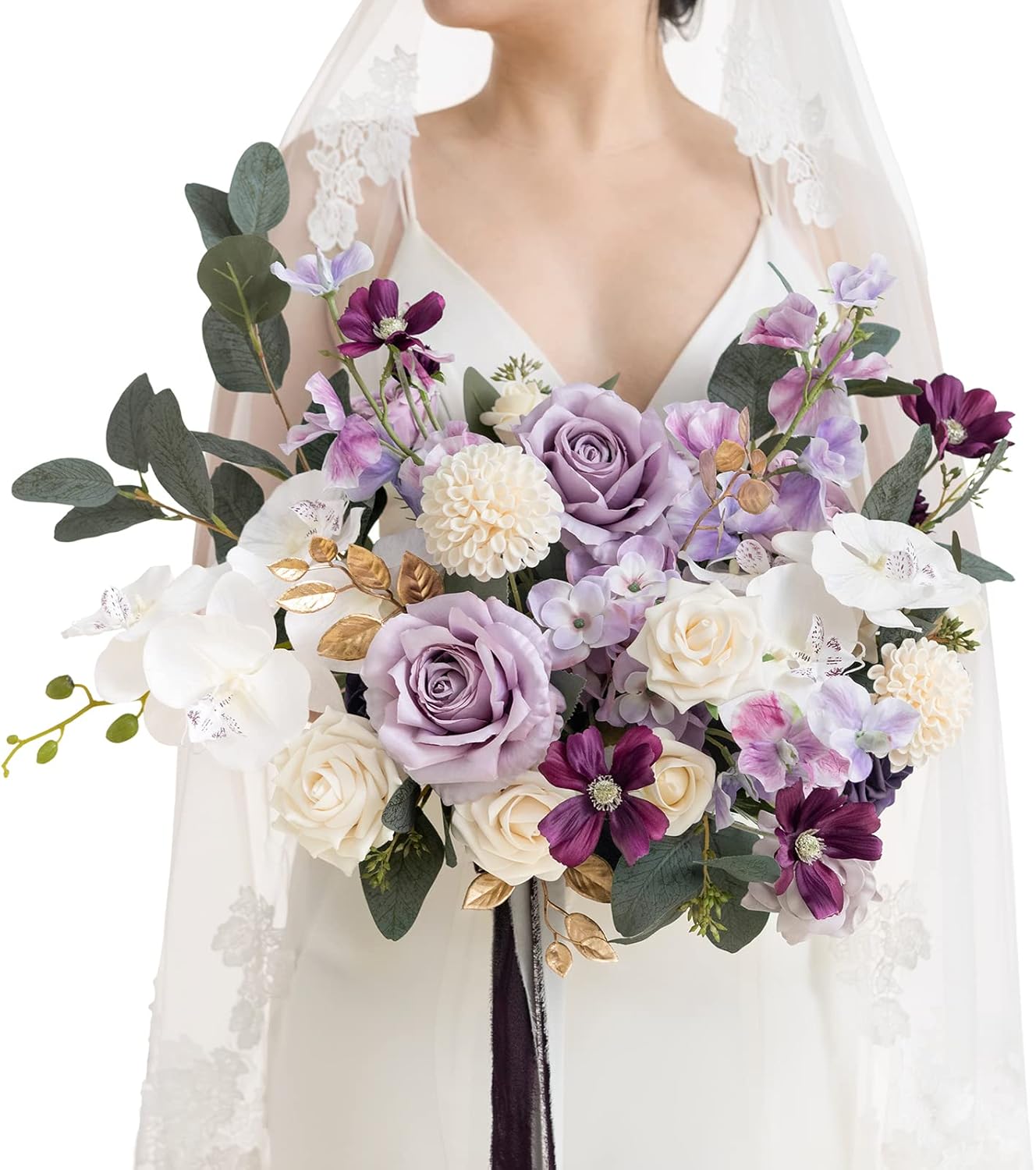 Ling's moment Purple Bridal Bouquet, 15 Inch Lilac Wedding Bouquets for Bride, Silk Free Form Bridal Bouquets for Wedding, Ceremony, Anniversary, etc.