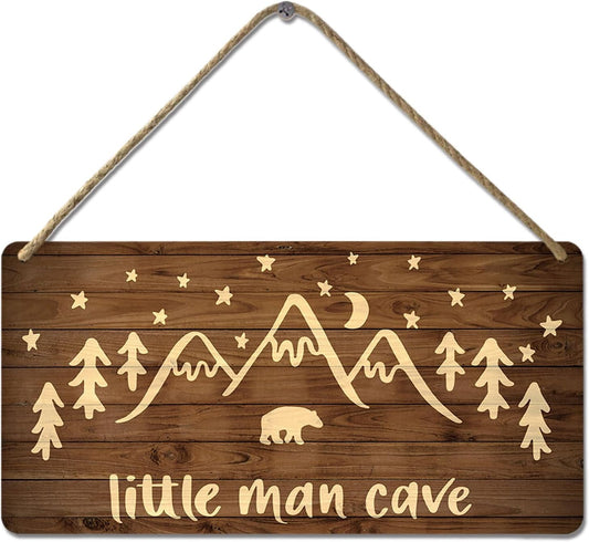 Little Man Cave Sign Woodland Nursery Wall Decor for Baby Boys Rustic Bear Forest Animal Wood Signs, Nursery Room Decor for Boys Bedroom Farmhouse Sign Wooden Wall Art 12x6 Inch