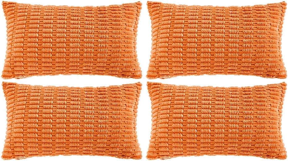 Fancy Homi 4 Packs Orange Fall Decorative Throw Pillow Covers 12x20 Inch for Couch Living Room Bed Sofa, Halloween Pumpkin Autumn Home Decor, Soft Cute Plush Corduroy Striped Cushion Case 30x50 CM