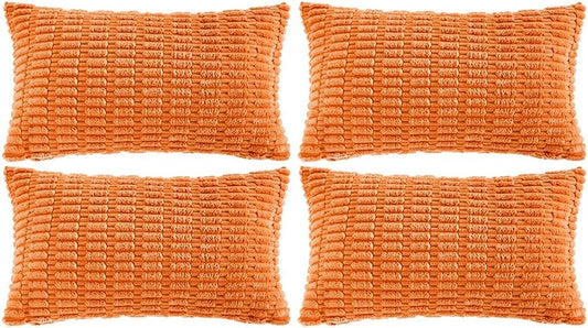 Fancy Homi 4 Packs Orange Fall Decorative Throw Pillow Covers 16x24 Inch for Couch Bed Sofa, Halloween Pumpkin Autumn Home Decor, Soft Cute Plush Corduroy Striped Cushion Case 40x60 CM
