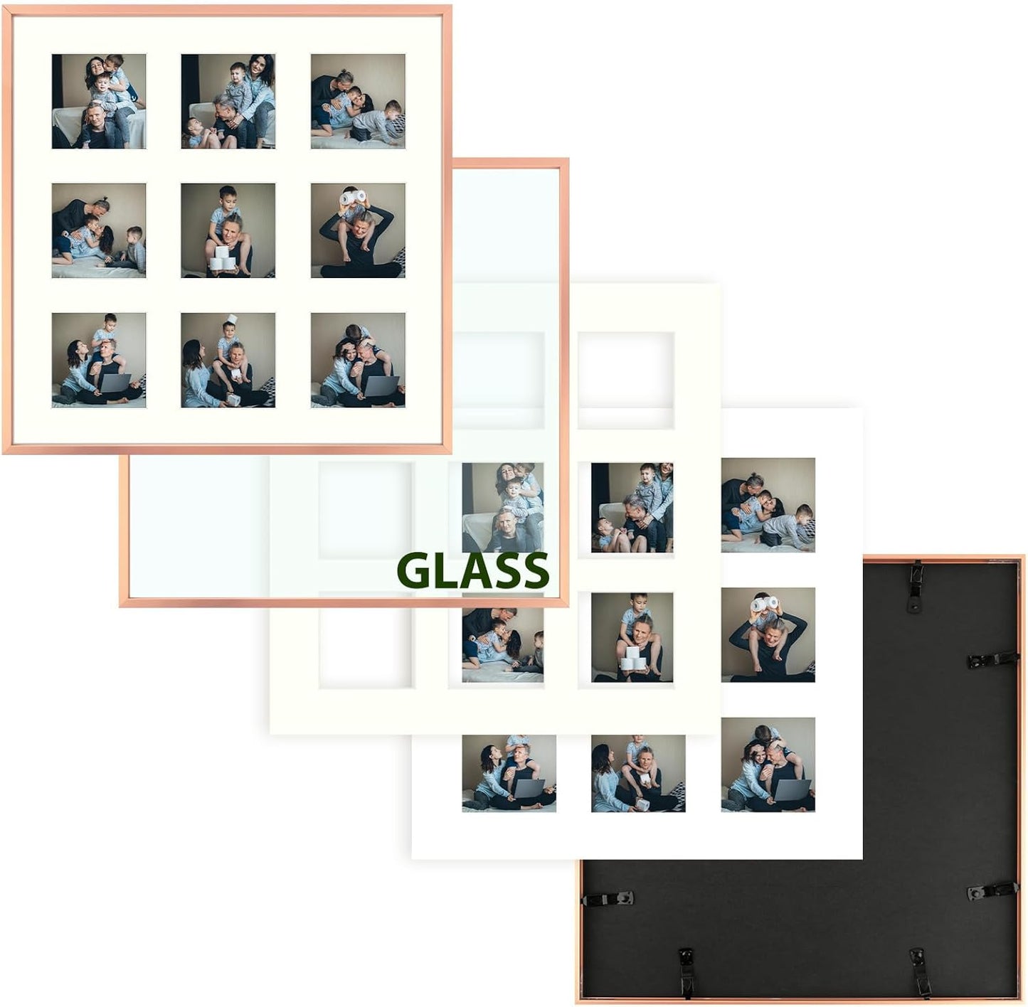 Frametory - 16x16 Aluminum Collage Picture Frame - Display 4x4 Pictures with 9 Openings Mat - Real Glass Front - Horizontal/Vertical Wall Mount - Rose Gold 1 Pack