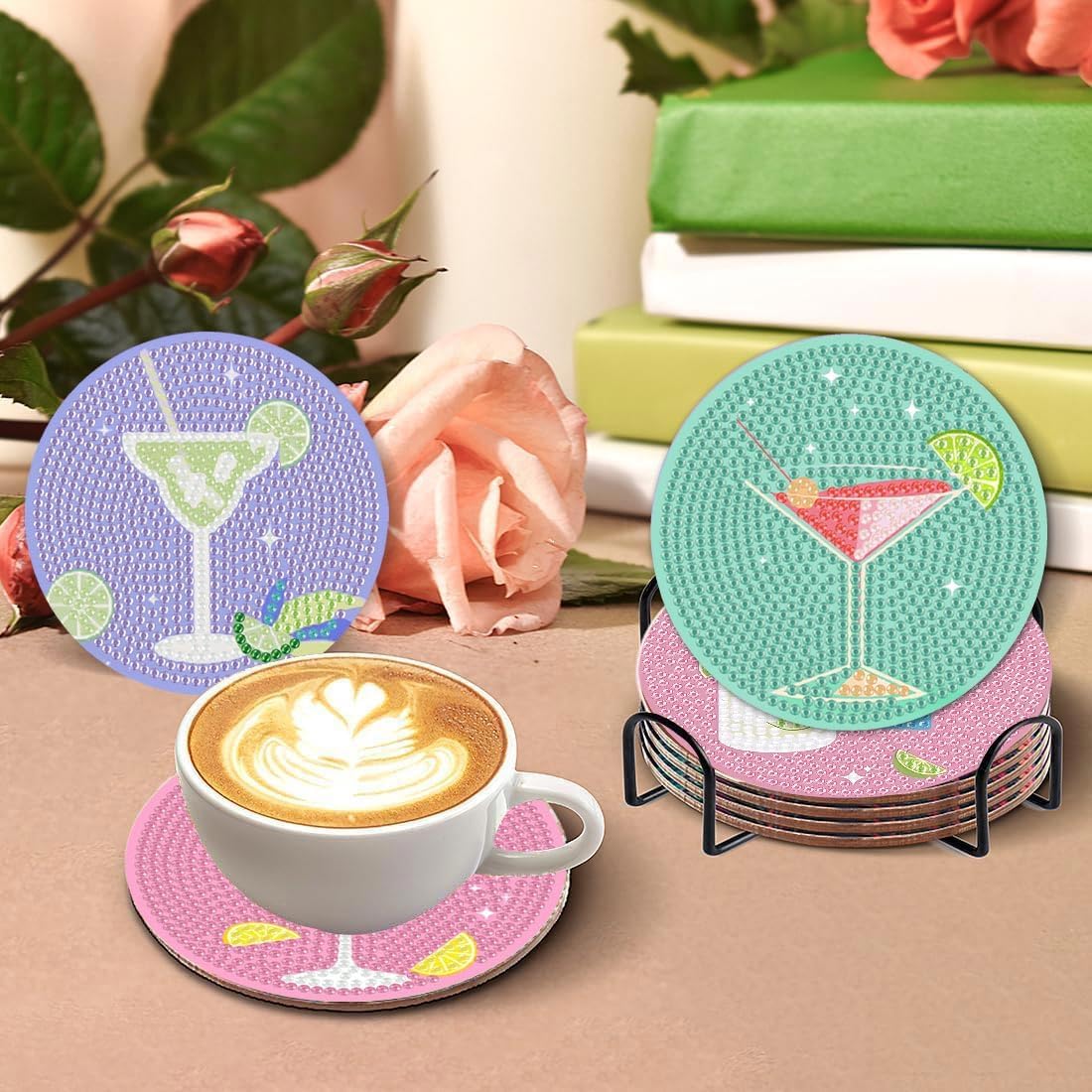 Cocktail Diamond Painting Coasters Kits for Adults, 8PCS Diamond Art Coaster Kits with Holder, Small Diamond Painting Kits for Adults Art Craft Supplies