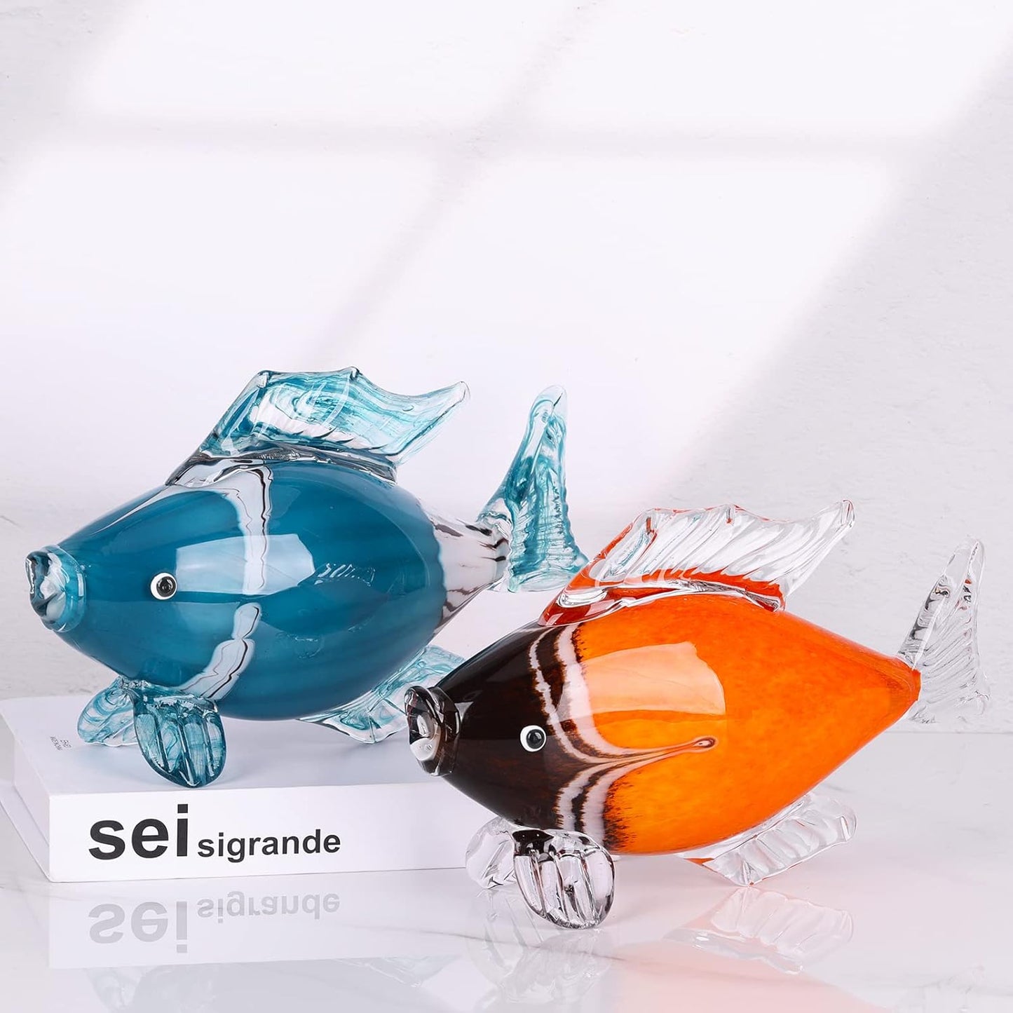 LCCCK Large Glass Fish Statue, Hand Blown Glass Sea Life Figurines, Coastal Decor for Home,Tropical Fish Ornaments Collectible Figurines, Coffee Table, Shelf, Office, Bathroom Decoration Nautical Art