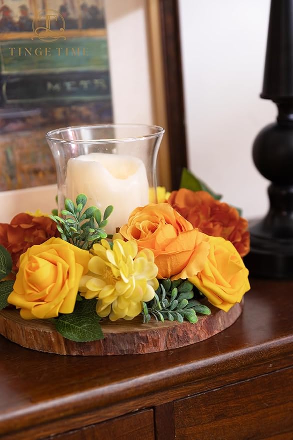 TINGE TIME Artificial Flowers Combo Set, Gradient Color Flower Leaf with Stems for DIY Wedding Bouquets Centerpieces Baby Shower Party Home Decorations(Yellow & Tangerine Orange)