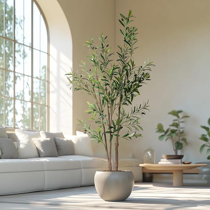 5FT Artificial Olive Tree Tall Faux Silk Plant Tall Faux Olive Tree with Natural Wood Trunk & Lifelike Fruits Fake Potted Tree or Home Office Decor