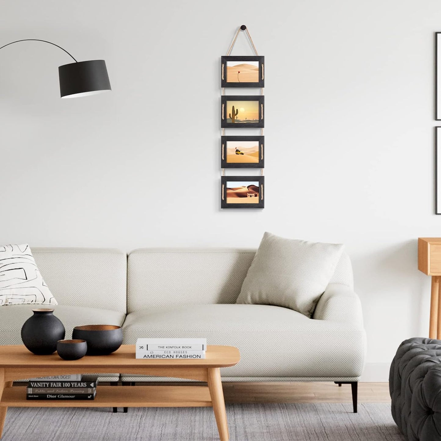 DLQuarts 4x6 Hanging Collage Picture Frames Wall Decor, 4-Opening 4x6 Photo without Mat Rustic Wood Frame with Hemp Rope, 1 Pack, Weathered Black