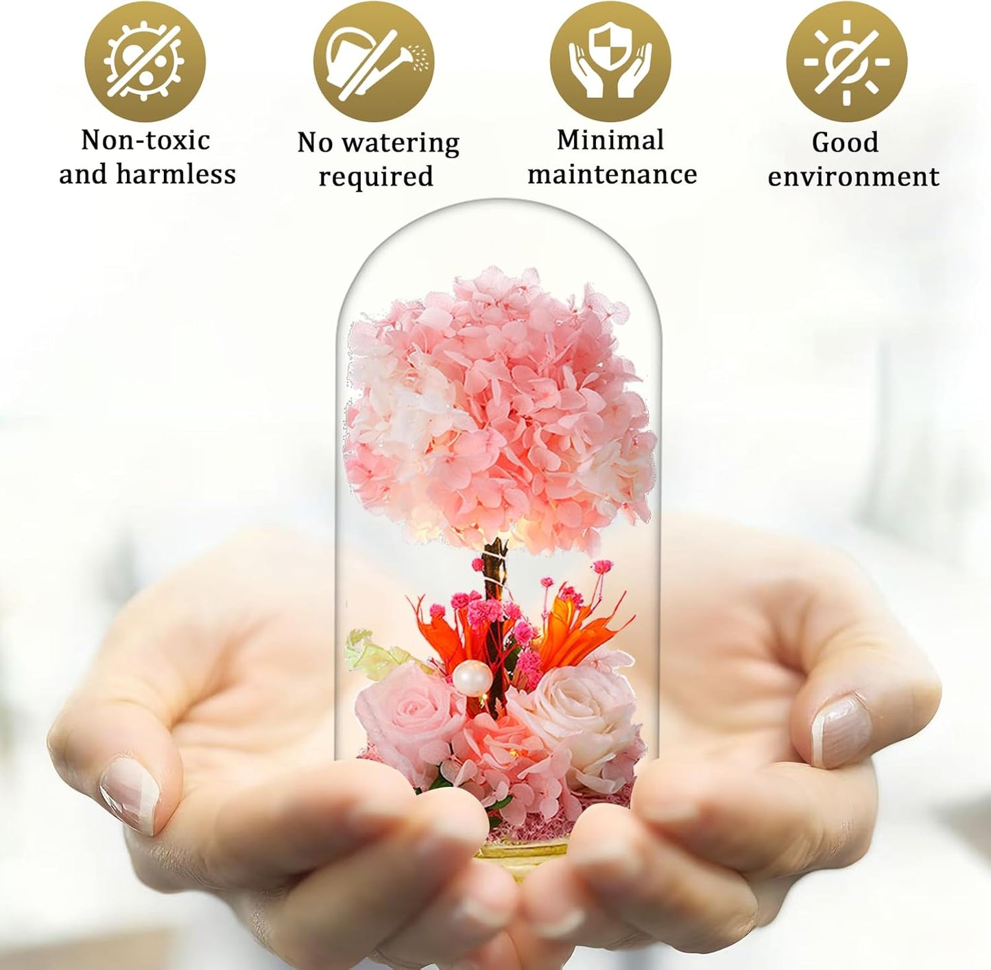 LED Illuminated Glass Dome Floral Arrangement, Decorative Light with White Hydrangea and Rose, Battery Operated